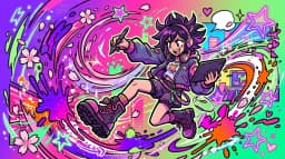 Indie creator in manga style with swirling anime elements and neon sakura petals