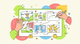 Storyboard panels pinned to a wall with sketched arrows, timing notes, and motion markers