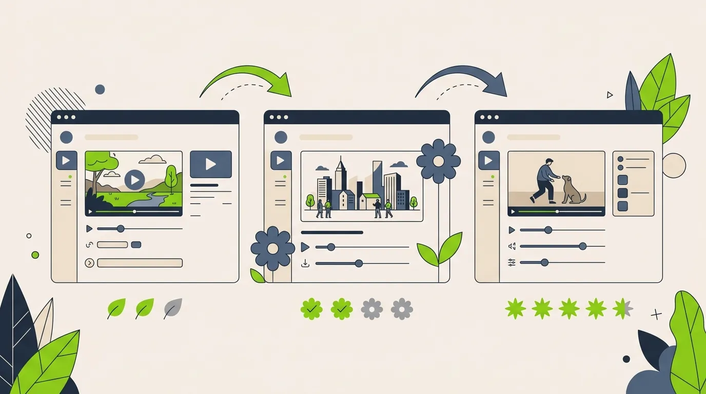Side-by-side AI video generator output screens showing different visual styles and quality levels