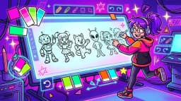 Design teacher cartoon character sketching cartoon character lineup on whiteboard