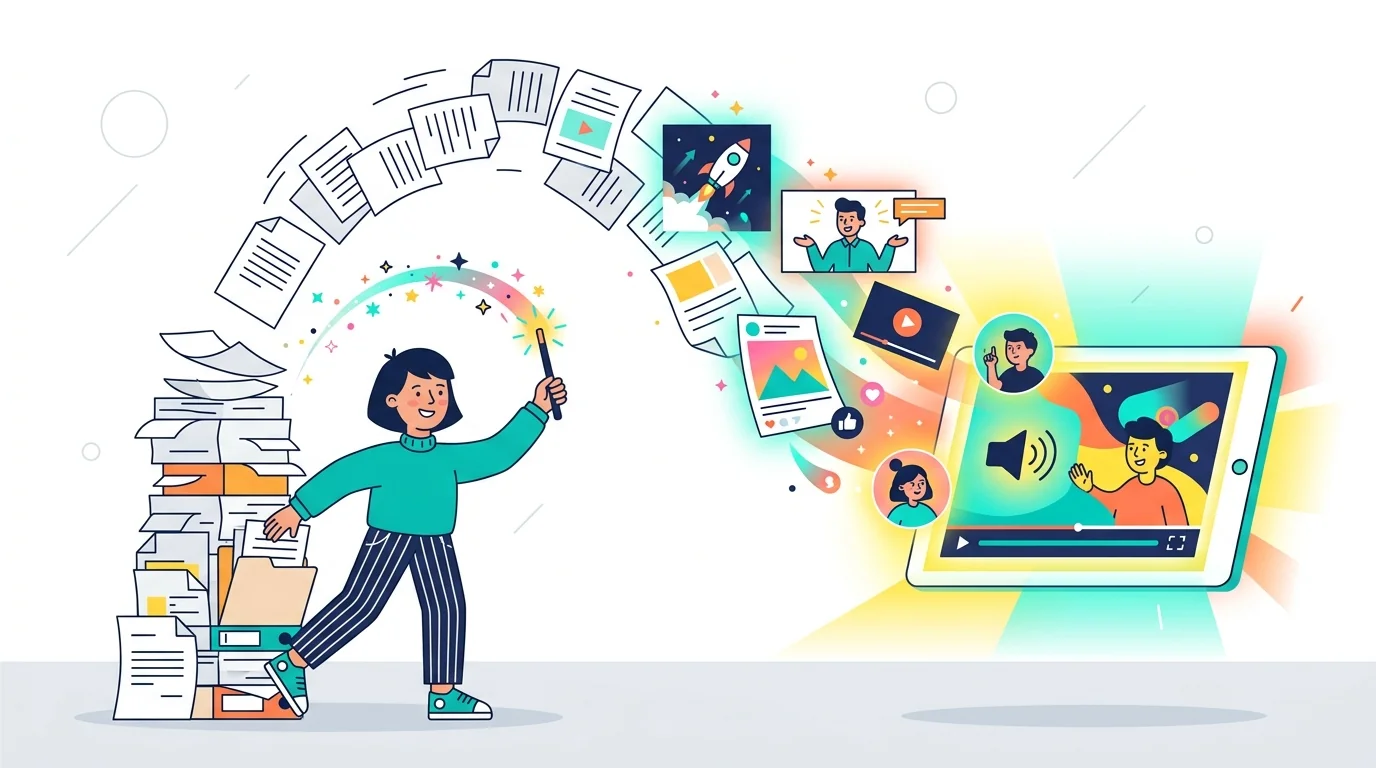 Laptop and documents on a wooden desk for document to video workflow