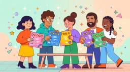 Playful free-tier comparison cards with star ratings and colorful check marks on pastel background