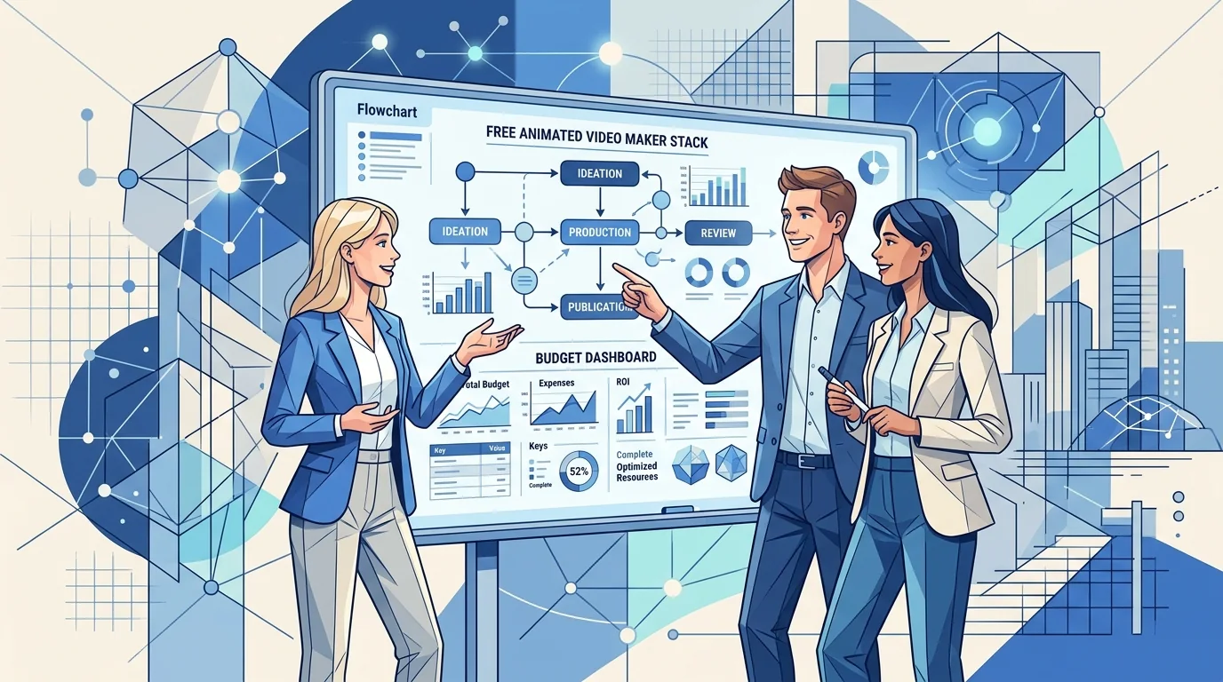 Minimalist business illustration of a team discussing a free animated video maker process with charts and boards