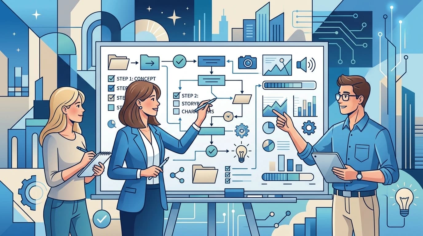 Friendly business illustration of three young people planning animated video scenes with process diagrams