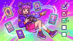 Cute cartoon YouTuber filming with step-by-step AI video checklist and sparkles