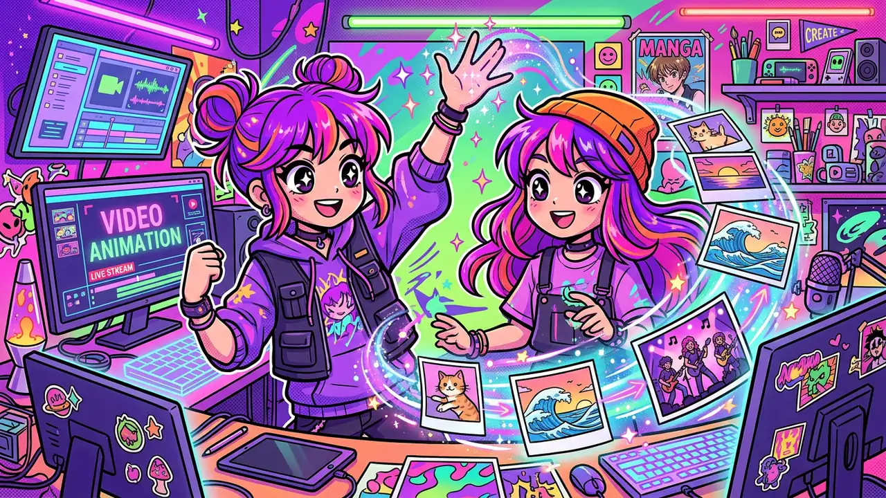 Cartoon creator animating still photos into AI video frames with sparkles