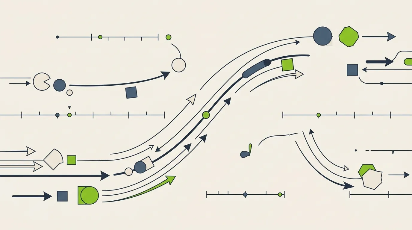 Clean motion design diagram showing easing curves and animation timing markers on a dark background