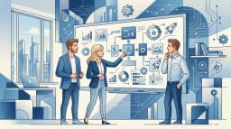 Young team mapping reusable motion graphic modules on a whiteboard with charts and process blocks