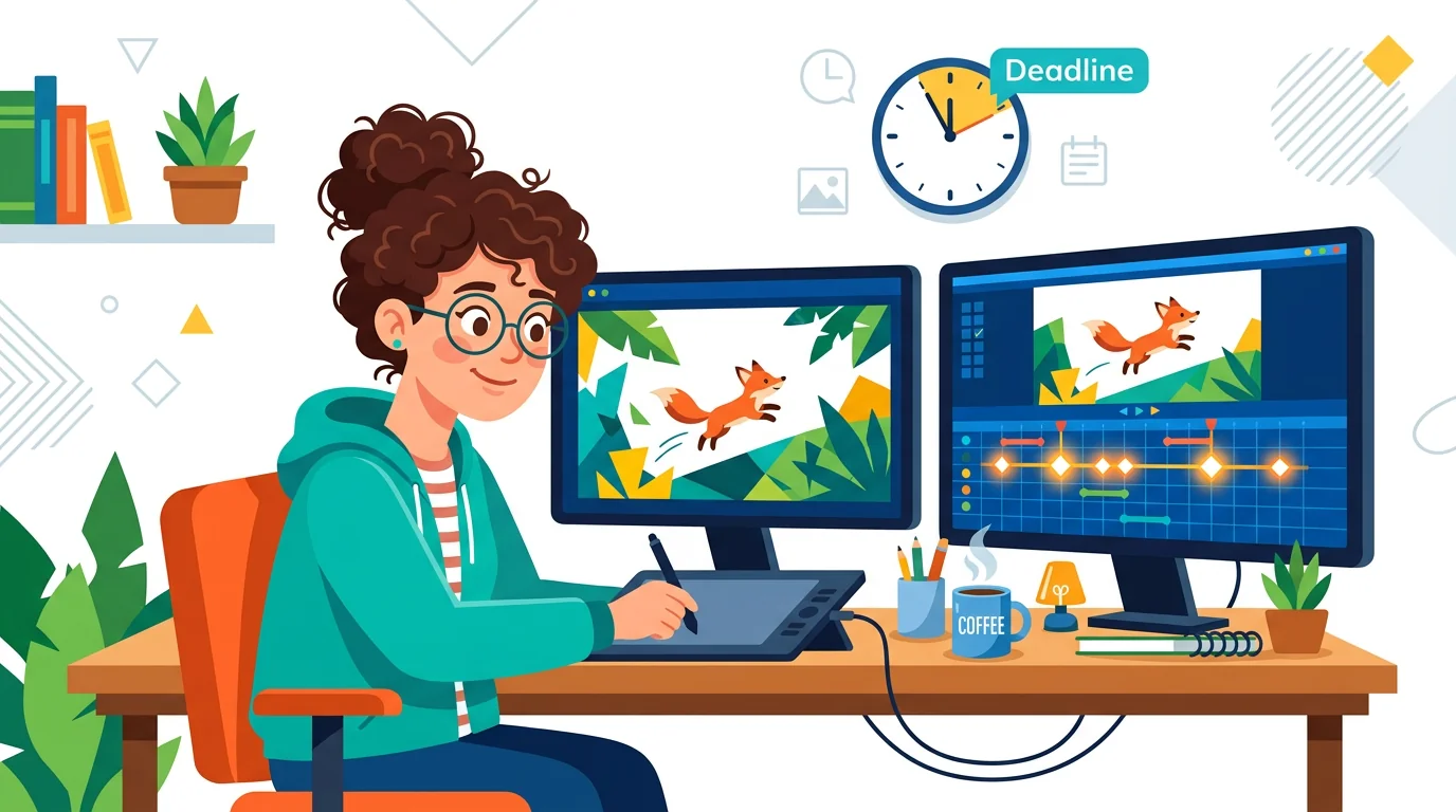 Glowing keyframe timeline with electric teal and orange bursts on dark professional background