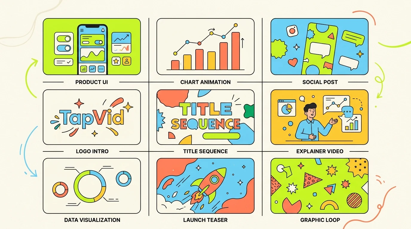 Gallery-style cover with nine colorful motion graphics tiles arranged in a clean grid