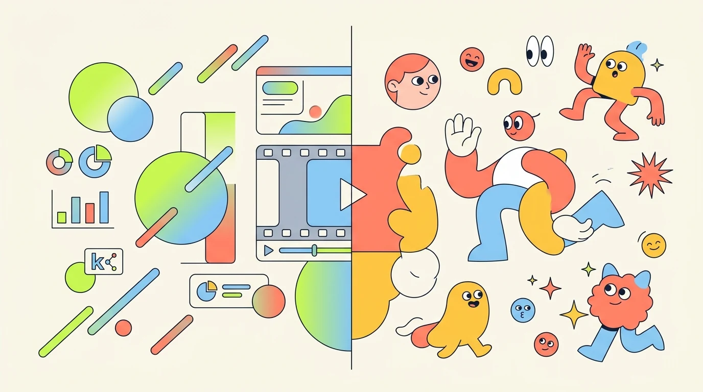 Split-panel cover contrasting clean motion design on one side and character animation on the other