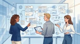 Three young professionals reviewing storyboard panels and process diagrams on a whiteboard in blue tones