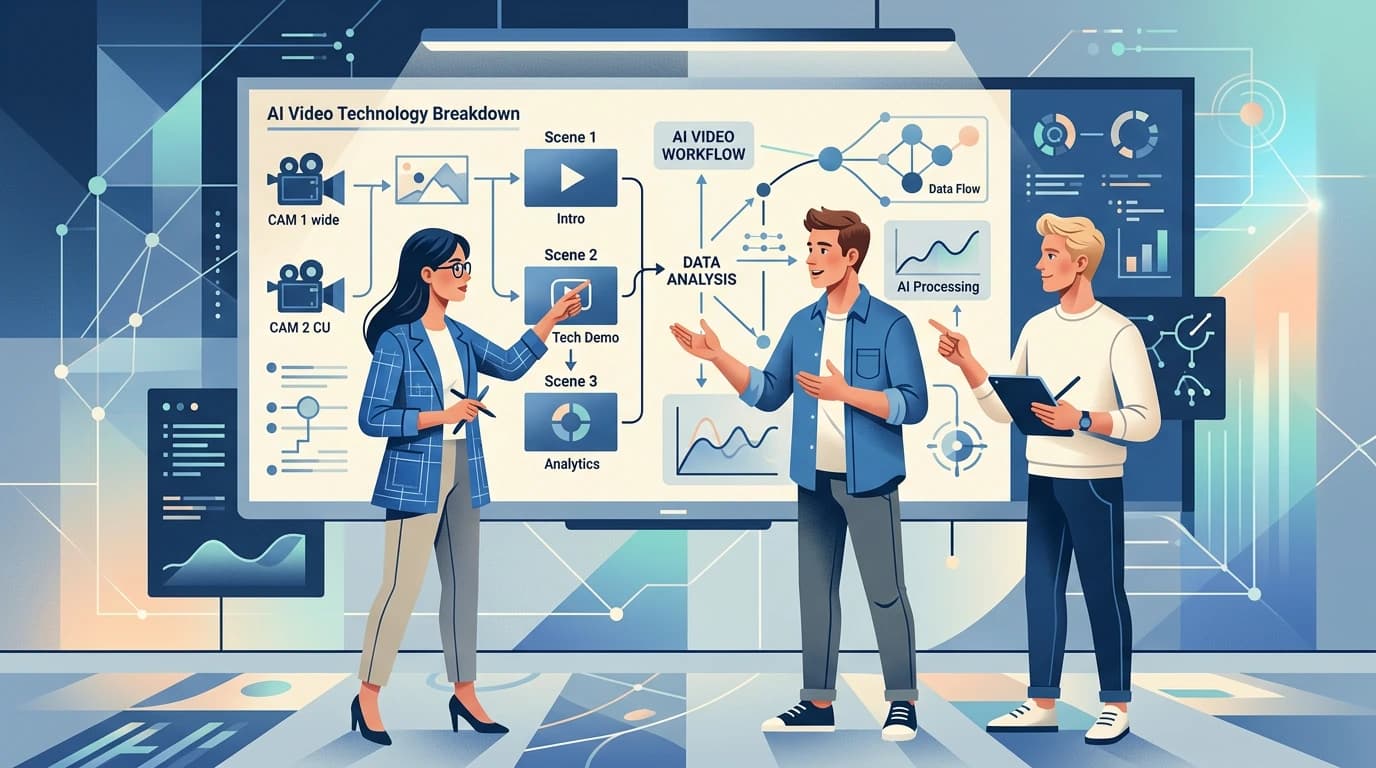 A collaborative team standing by a whiteboard with storyboard frames, analytics charts, and process arrows in blue style