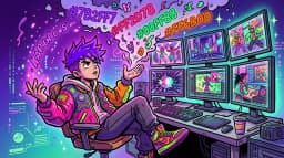 Cartoon motion designer with text transforming into animated video scenes on screens