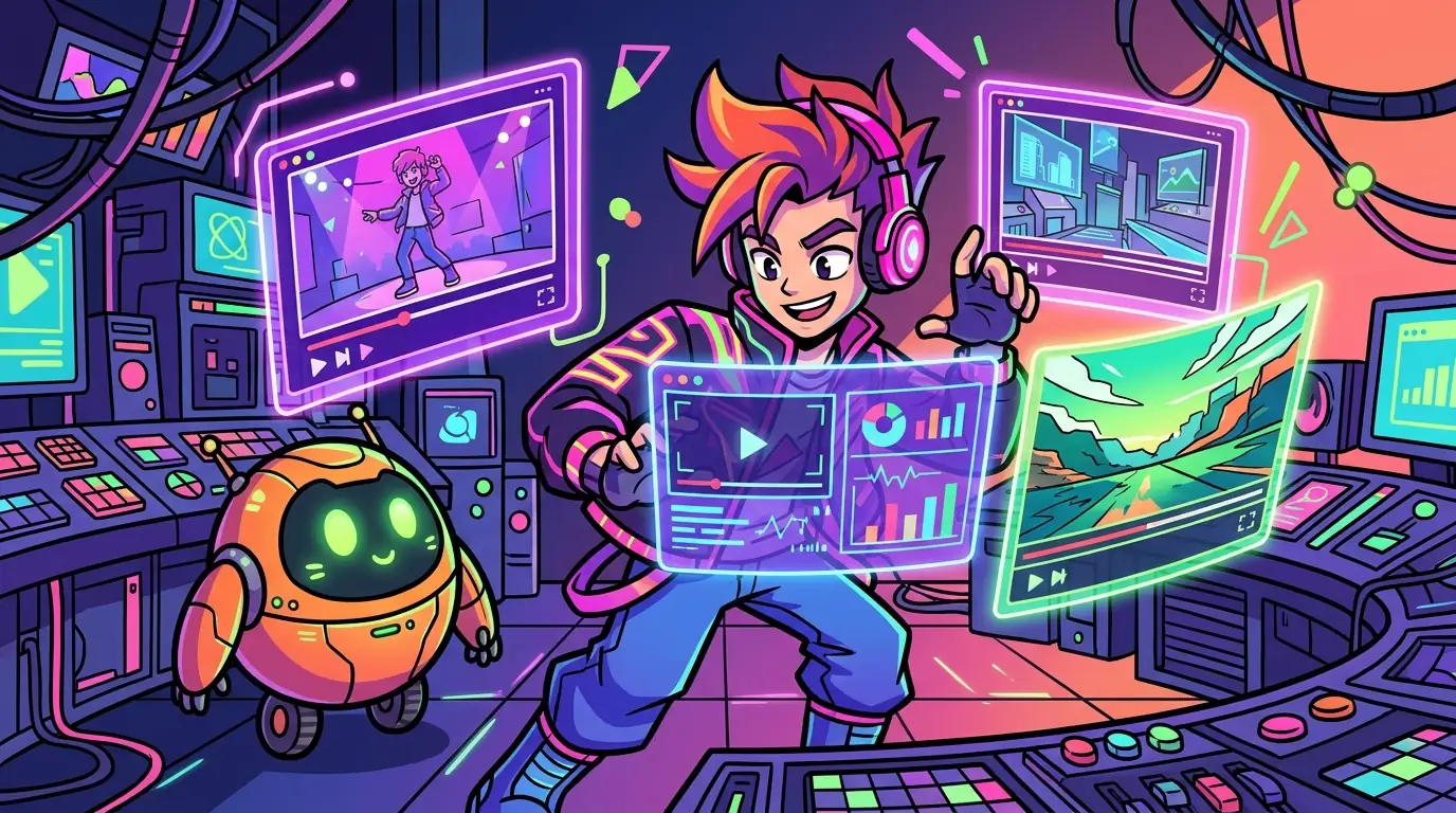 Cartoon engineer testing Veo 3 AI video on holographic panels